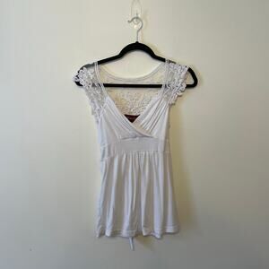 Sugar & Spice M white blouse lace Y2K sheer bow tie sweetheart floral boho chic